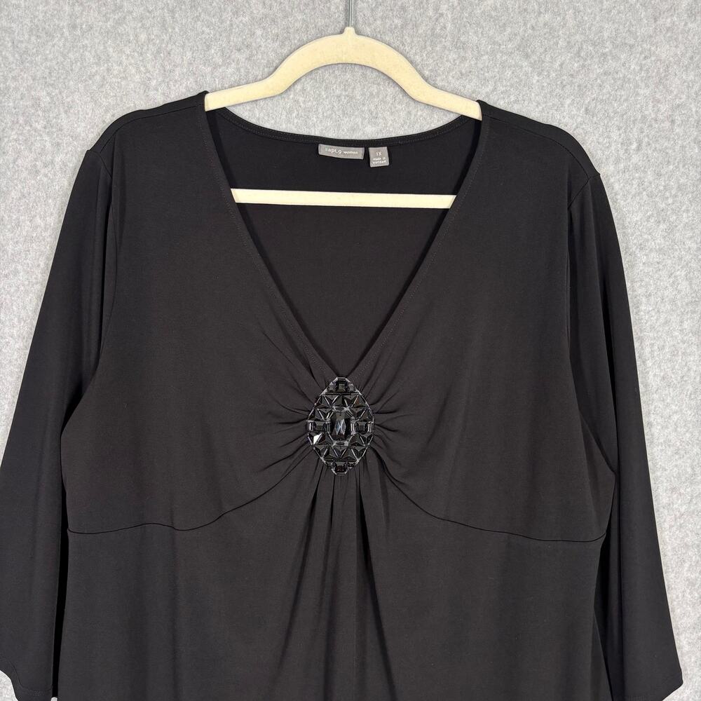 Apt 9‎ Blouse 1X Jewel Brooch Ruched Slinky Stretch Flare Sleeve Career Church